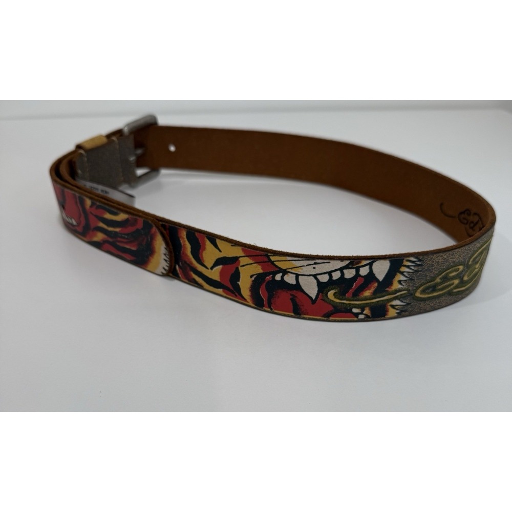 Ed Hardy Distressed Panther Graphic Leather Belt Men's Sz Small - Picture 4 of 10